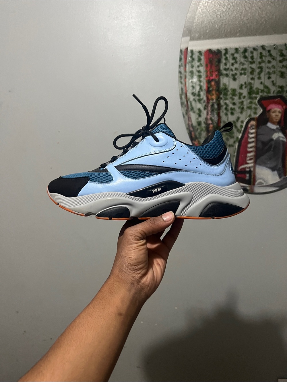 Dior Light Blue and Navy Mesh Leather Runner Sneakers with Orange Trim